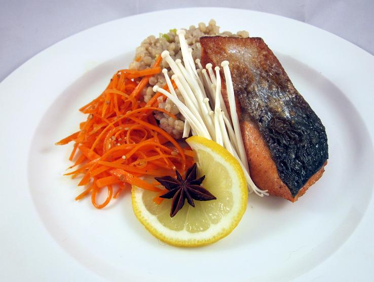 Syunkon Salmon with Mushroom Orzotto and Carrot Salad